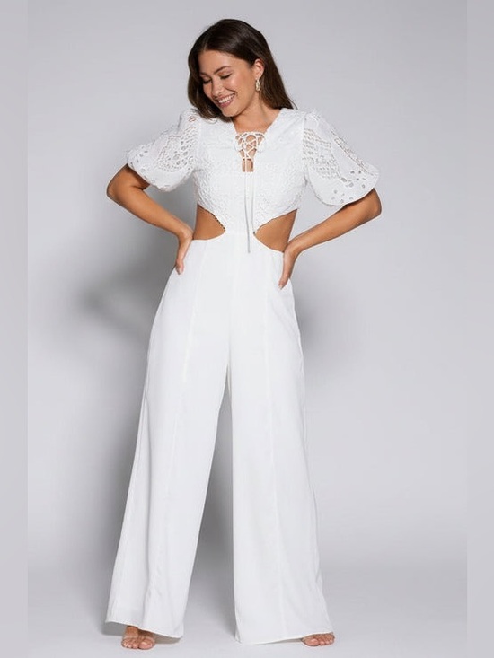 Mandalay and Company Pants - LUNA LUXE EMBROIDERED WHIRE PUFF SLEEVE V-NECK CUT OUT WIDE LEG JUMPSUIT